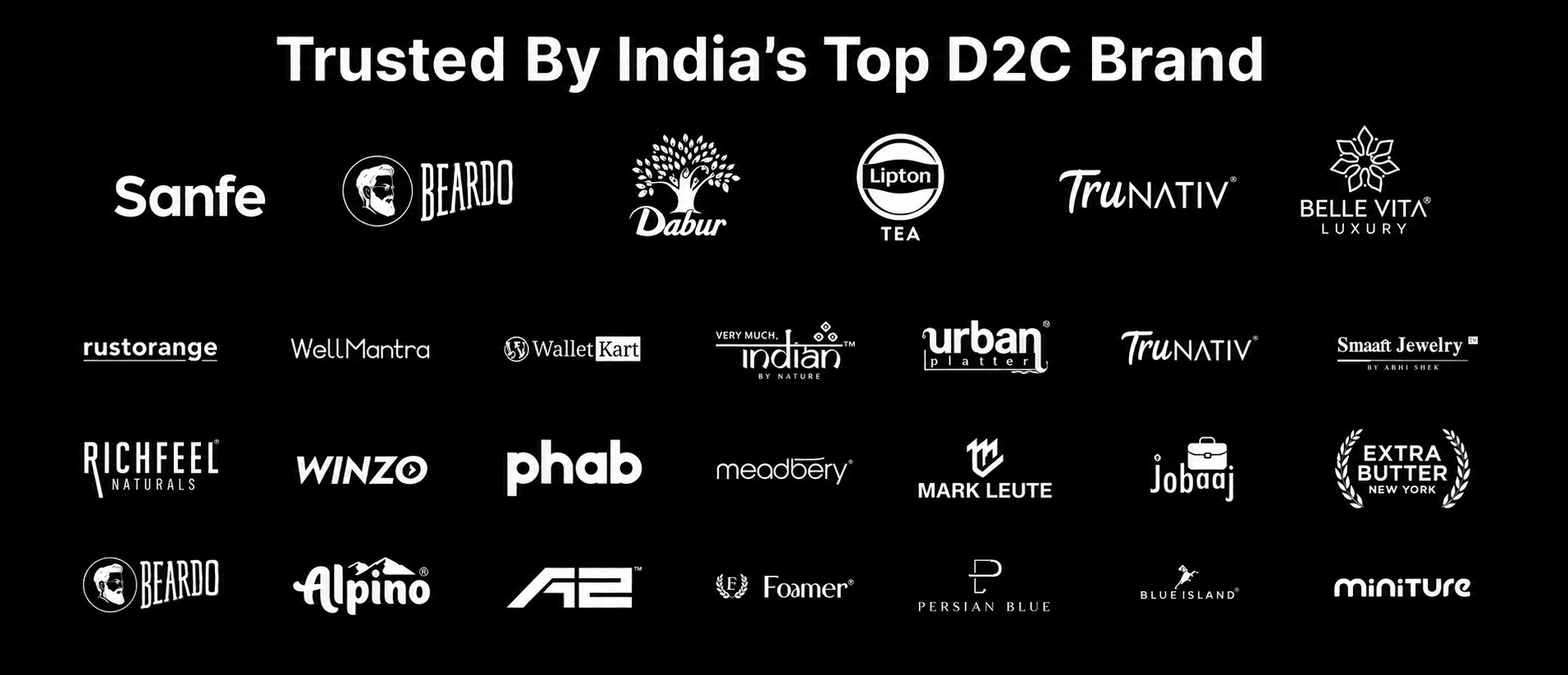 Trusted by India's top D2C brands: Sanfe, Beardo, Dabur, Lipton, TruNativ, Belle Vita and more